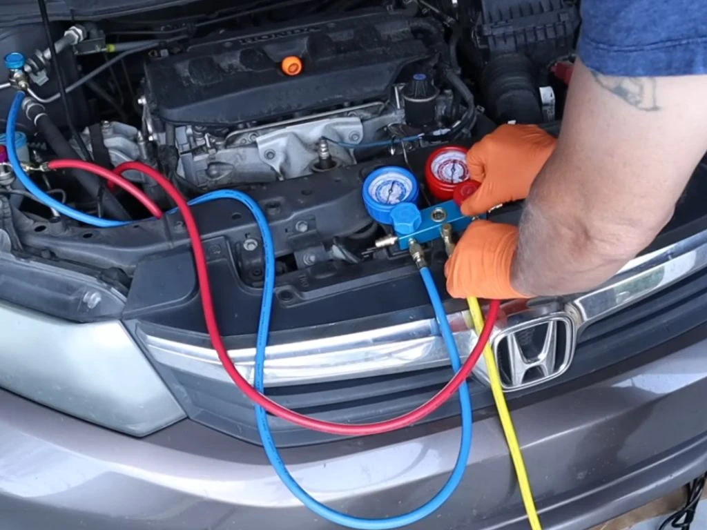 Complete Car AC Repair diagnosis using manifold gauges to test refrigerant pressure and cooling problems