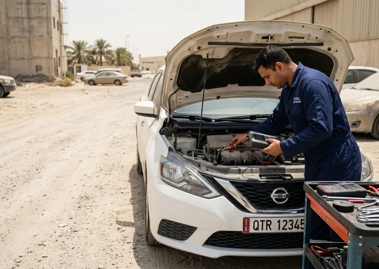 Car battery inspection service for extreme heat and dust conditions in Qatar